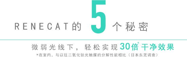 RENECAT的5個秘密 微弱光線下，輕松實現30倍*干凈效果 *在室內，與以往二氧化鈦光觸媒的分解性能相比（日本東芝調查）
